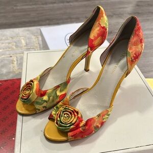 Yellow Floral Open Toe Heels